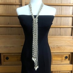 Vtg Jomaz/Joseph Mazer Signed Pearl/Blk Bead Lariat Necklace–7 Strand Scarf Styl