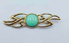 Vintage Monet Brooch Pin Mint Green Cabochon Gold Tone Leaf Signed 1970s 1980s