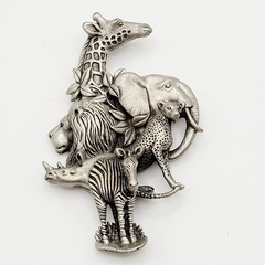 Fable Safari Africa Animal 3D Sculpted Pewter Silver Tone Collage Vtg Brooch Pin