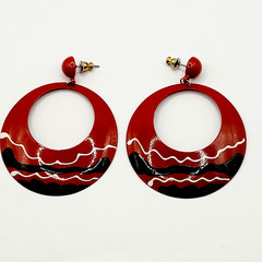 Large Metal Hoop Red Black White Enamel Hand Painted Pierced Vintage Earrings