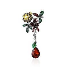 Vintage Enamel Flower Brooch Red Teardrop Dangle Lapel Pin Floral Leaf Jewelry
