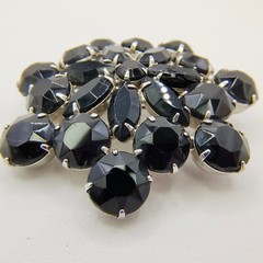 Vintage Black Glass Rhinestone Flower Brooch Pin Silver Tone Art Deco Style