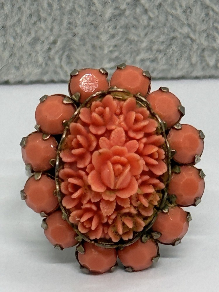 Vintage Orange Carved Resin Flower Ring Size 8 With Surrounding Stones