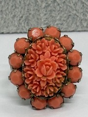 Vintage Orange Carved Resin Flower Ring Size 8 With Surrounding Stones