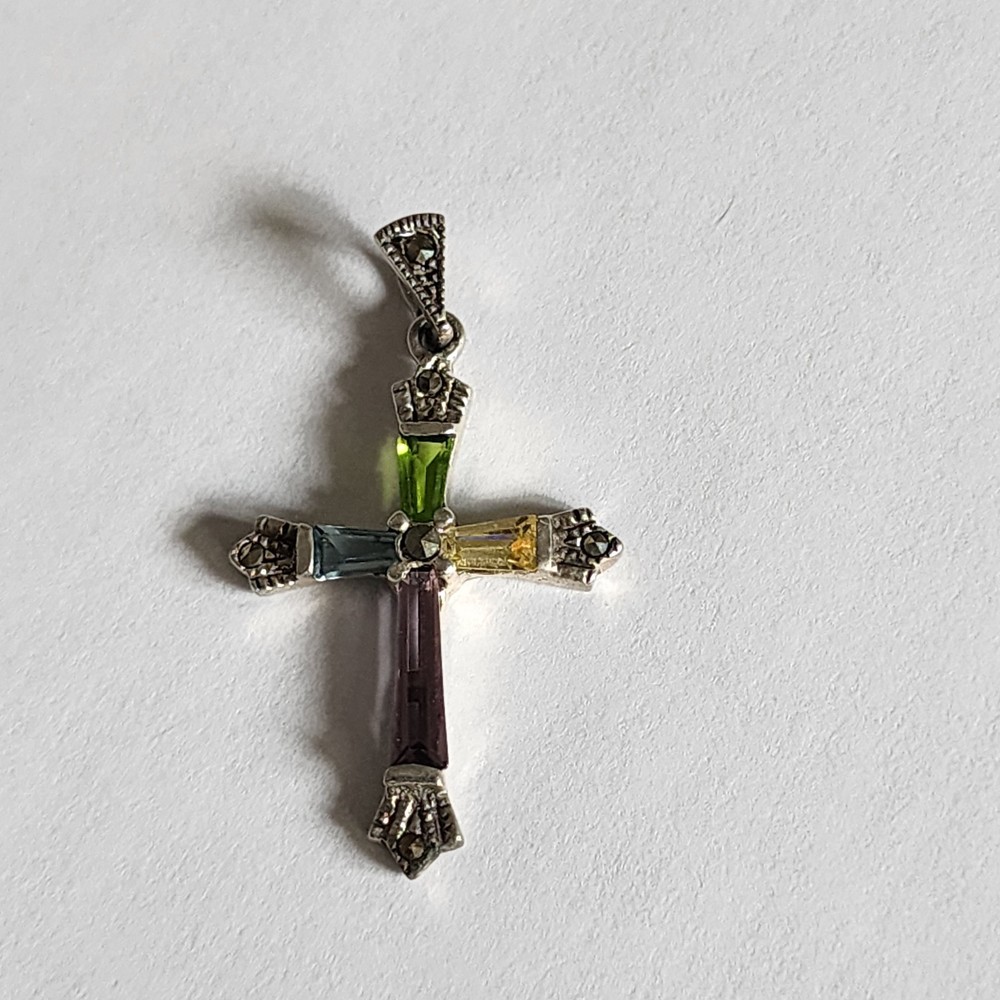 Sterling Silver 925 Cross Pendant With Baguette Cut Multicolored Gemstones