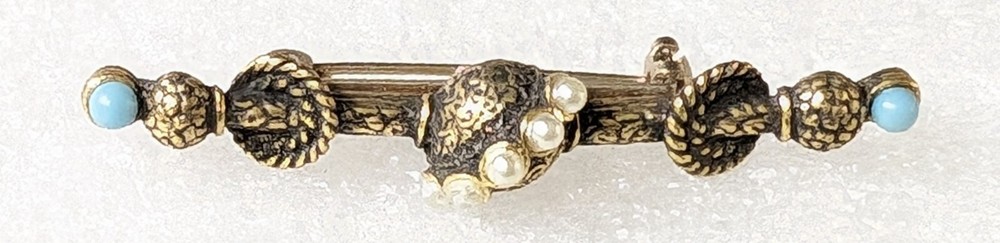 Vintage Etruscan Revival Seed Faux Pearls & Tiny Blue Cabs Bar style Brooch