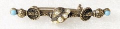Vintage Etruscan Revival Seed Faux Pearls & Tiny Blue Cabs Bar style Brooch