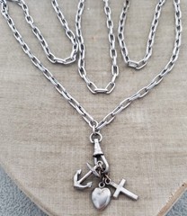 Antique Victorian Love Faith Hope Fob Charm Watch Chain 33″ Necklace Dog Clip
