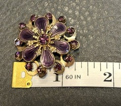 Vintage Faux Amethyst Guilloche Enamel Rhinestone FLOWER Shaped Pin Brooch