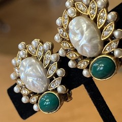 Vintage Faux Mabe & Many Pearls Green Glass Gripoix Cabochon Clip On Earrings
