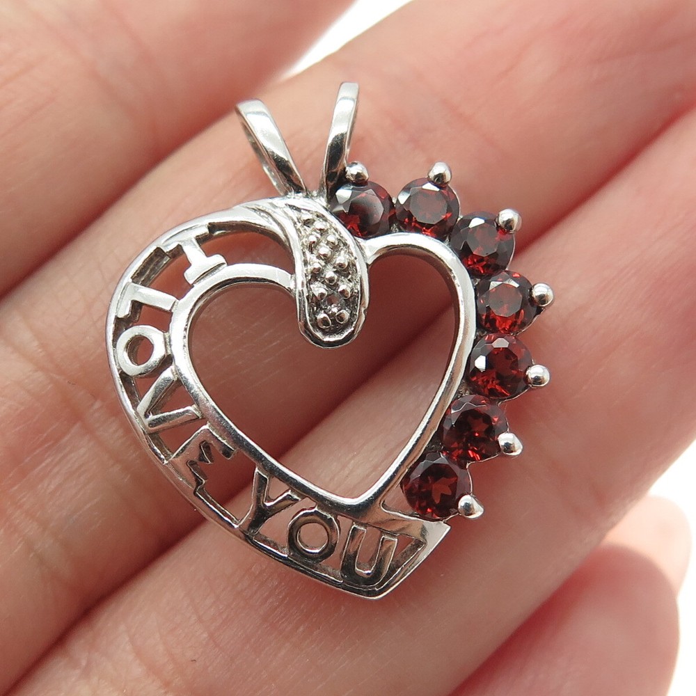 J&T 925 Sterling Vintage Red Garnet & Topaz Gem “I Love You” Heart Pendant