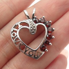 J&T 925 Sterling Vintage Red Garnet & Topaz Gem “I Love You” Heart Pendant
