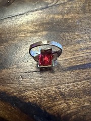 Pretty Vintage Art Deco Red Glass Ring with Detailed Buckle Band, Size 5.5