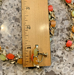 Vtg Thermoset Necklace Bracelet Earring Set Sherbet Melon Lucite Stone Gold Leaf