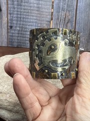 Vintage Mexico Mixed Metal Aztec Bracelet Sterling Copper Brass 8″