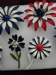 Lot Of 6 Vintage Red White & Blue Vintage Enamel Flower Brooches Pins