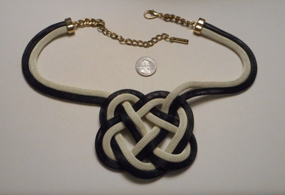 Mika Mod Black & Off-White Woven Tubular Chain Necklace w Mystic Knot Medallion