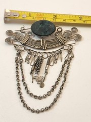 Bohemian Style Brooch Vintage Green Oval Stone Silver Tone 3.5 inches long