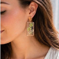 Green Pressed Floral Resin Earrings | Gold Rectangle Botanical Jewelry