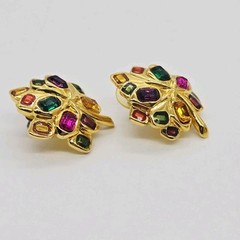 Joan Rivers Leaf Earrings Pierced Crystal Multicolored Gold tone Vintage 1.25 in