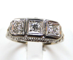 Antique Three Diamond Engagement 14K White Gold Ring Size 7.25 UK-O EGL USA Deco