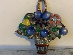 Vintage 1940’s CORO Enamel Rhinestone Blue Moonglow Flower Basket Brooch Pin