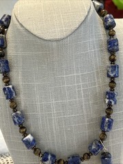 Lapis Lazuli & Tigers Eye Gems Necklace 20” Pierced Earrings 1 3/4” By 1/4”