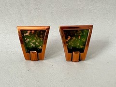 Vintage MATISSE Earrings Bronze Frame Green Inset Speckled Clip On Jewelry
