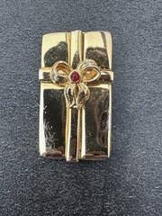 VTG Shiny Gold-tone AAi Signed Rapped Gift Box Brooch Red Gem