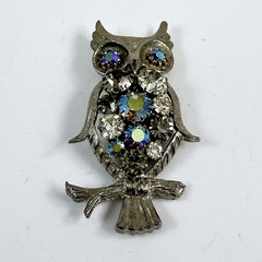 Vintage Sparkly AB Rhinestone Silver Tone Owl Brooch