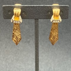 Clip On Earrings As Is Gold Neck Tie Ribbon Silver Rhinestone Hinged Retro Bling