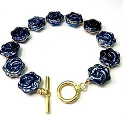 Artisan Toggle Bracelet Molded Glass Flower Black Iridescent Oil Slick AB 8.5 in