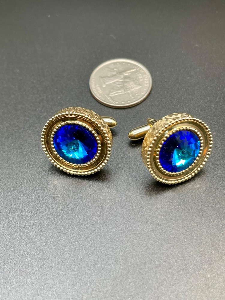 Vintage Gold Tone Deep Cobalt Blue Rivoli Crystal Cufflinks Textured Round MCM