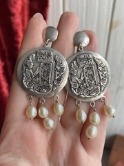 Vintage 800 Silver Mother of Pearl Ethnic Dangle Earrings Handmade 27.2g Gift