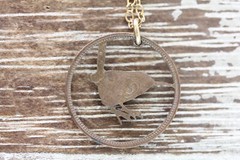 VINTAGE GOLD FILLED CHAIN LINK NECKLACE 17.75″ KIWI CUT OUT COIN PENDANT LAYER