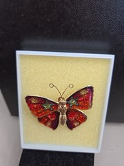 VTG Glittery Butterfly Enamel Brooch Pin 60’s 70’s Orange Yellow Goldtone in Box