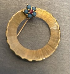 60s Retro 14K Brushed Gold Circle Pin Turquoise Ruby Flower Vintage Brooch 1″