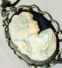 Vintage- style Large Cameo Pendant. White Mother of Pearl Portrait Carved.