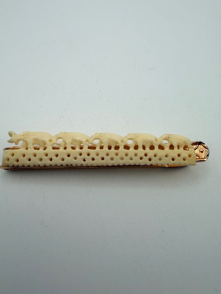 Vintage Paul-Lin Faux Ivory Elephant Bar Tie Carved Celluloid Look