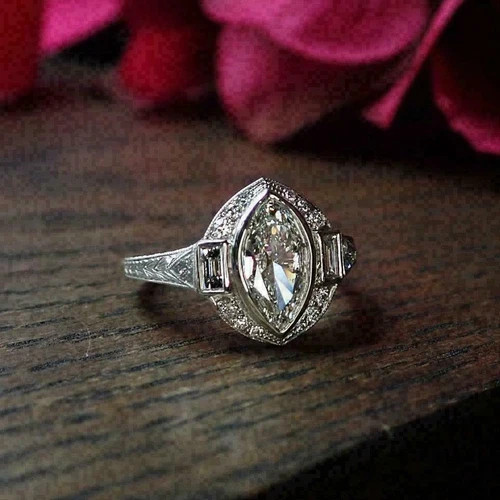 Vintage Art Deco Lab-Created Diamond Milgrain Wedding 14K White Gold Finish Ring