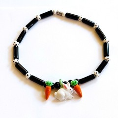 VTG Flying Colors white Rabbit Carrot necklace signed Ceramic Beads Artisan Fun