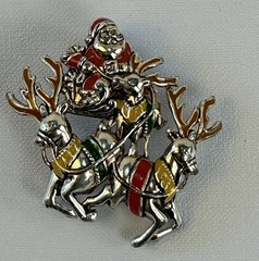 Vintage Santa Sleigh Brooch Reindeer Christmas Pin Enamel Holiday Cute