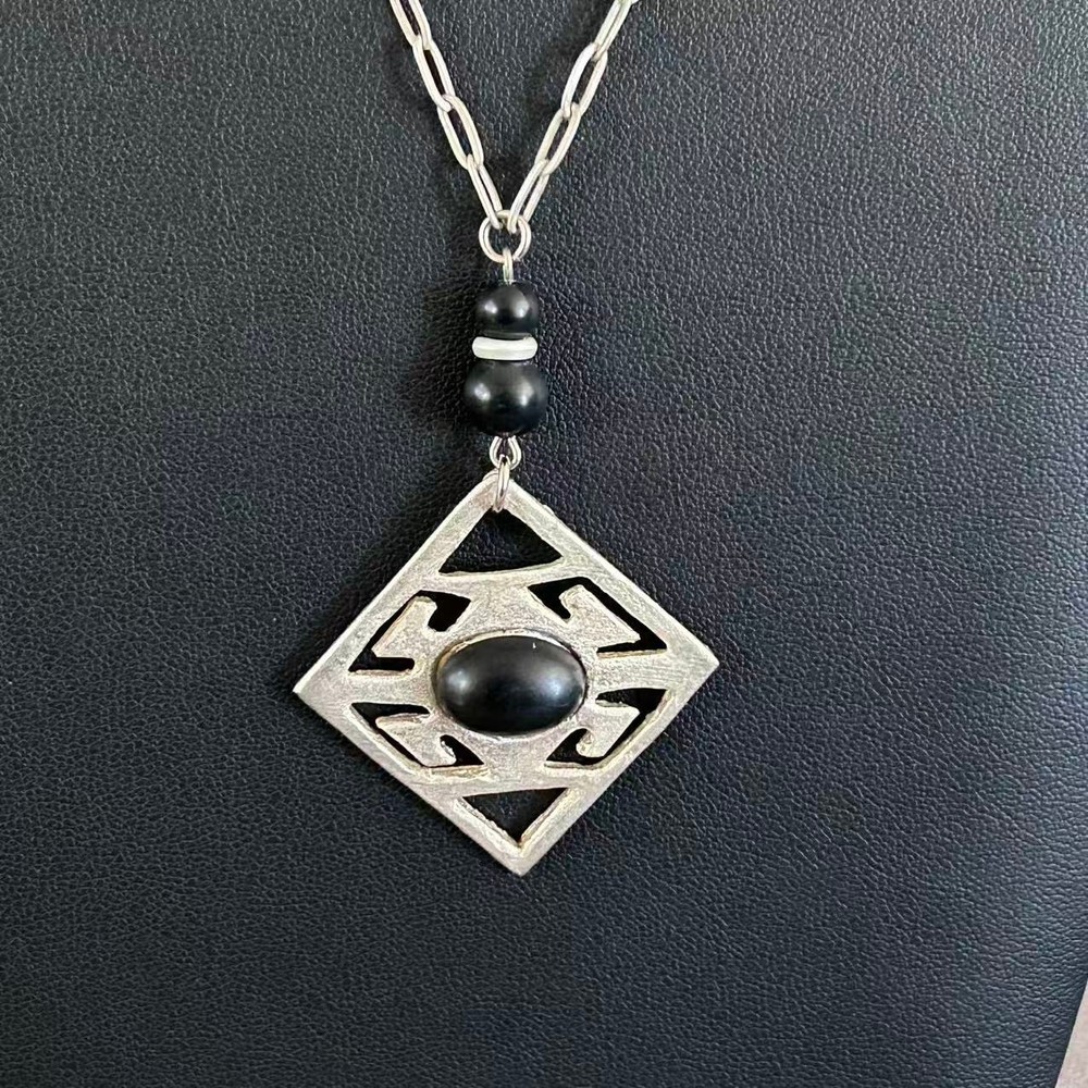 Vintage Modernist Geometric Pendant Necklace Simulated Black Onyx ~36”