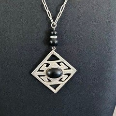 Vintage Modernist Geometric Pendant Necklace Simulated Black Onyx ~36”