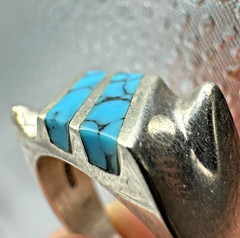 Vtg Taxco 925 Sterling Mens Turquoise Inlay Ring Signed Sz 11.75 Modernist 13.1g