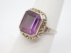 ANTIQUE 14K WHITE & YELLOW GOLD FILIGREE AMETHYST STONE RING SIZE 7
