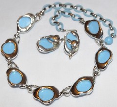 Vintage Coro Deco Blue Lucite Thermoset Plastic Chain Necklace Earring Set Lot