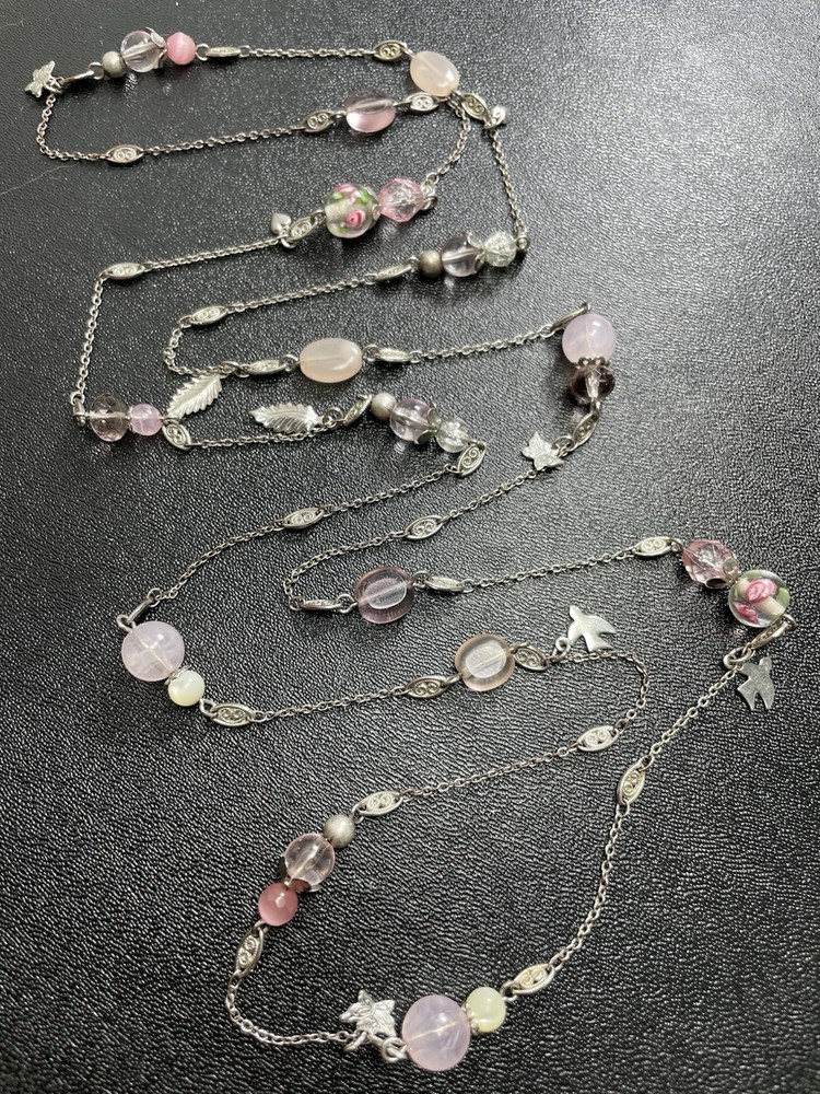 Vintage 48” Pink Floral Glass MOP Beads Butterfly Bird Charm Chain Necklace