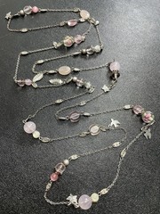 Vintage 48” Pink Floral Glass MOP Beads Butterfly Bird Charm Chain Necklace