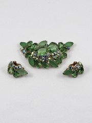 Vintage Brooch & Earrings Set W/ Green & AB Stones